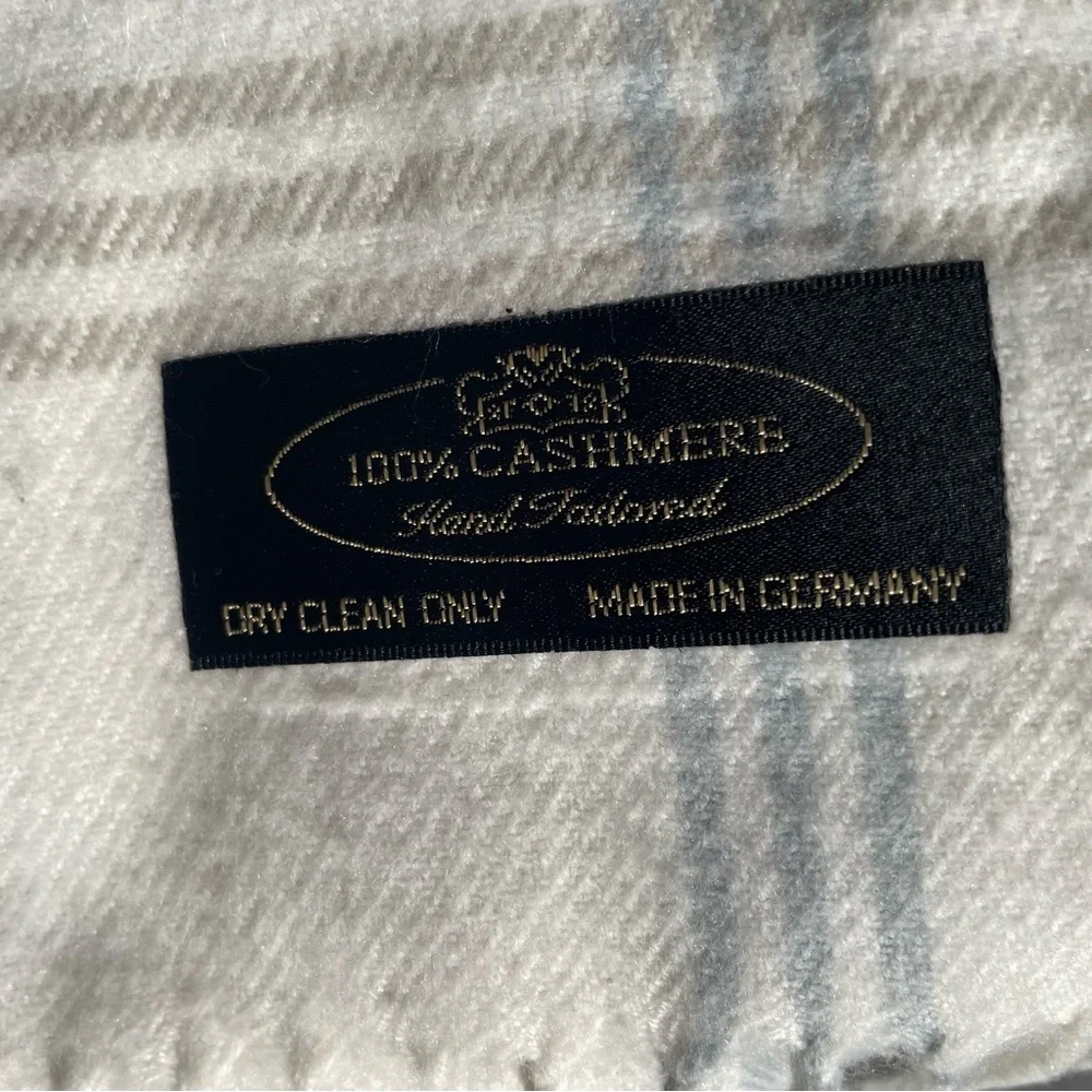 100% CASHMERE European Fringed Plaid Cream Scarf